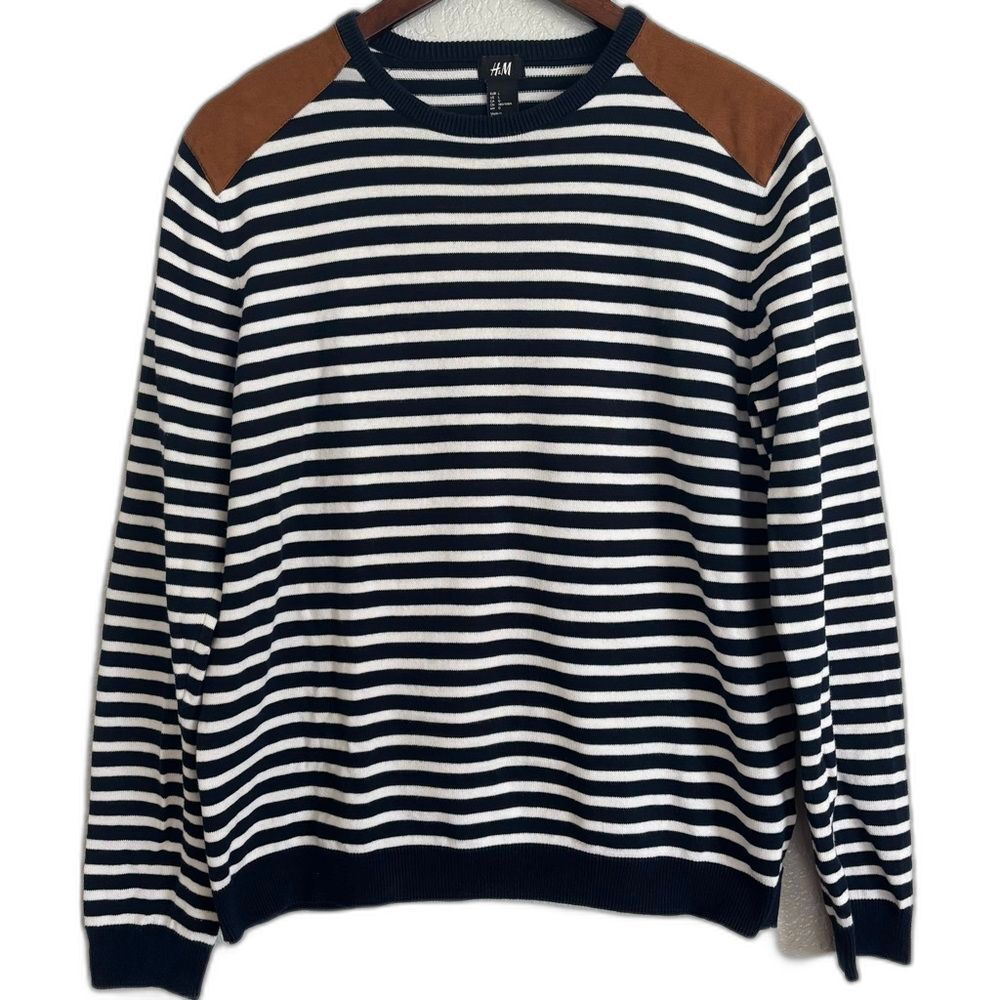 H&M Striped Navy and White Sweater with Suede Shoulder Patches Size Large